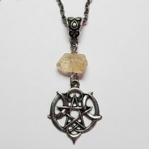 Silver Tone Pentacle Wiccan Necklace‎ with Raw Citrine Crystal Gemstone